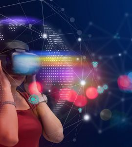 Young girl play VR virtual reality goggle and experiences of metaverse virtual world on colorful. Visualization and simulation, 3D, AR, VR, Innovation of futuristic, Metaverse Technology concepts.
