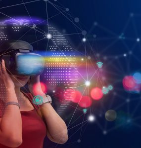 Young girl play VR virtual reality goggle and experiences of metaverse virtual world on colorful. Visualization and simulation, 3D, AR, VR, Innovation of futuristic, Metaverse Technology concepts.