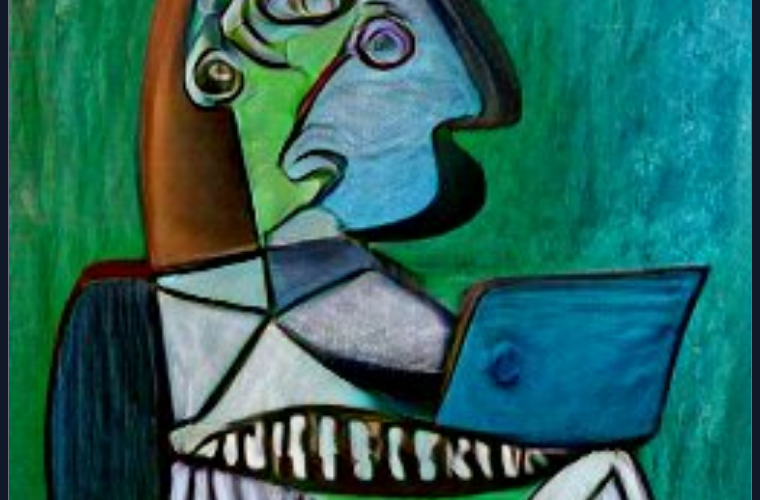 A Picasso painting of a teacher with a laptop in his hands. Image created with craiyon.com