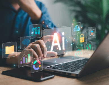 Business work and AI technology concept, Businessmen use laptop and AI technology artificial intelligence to generate something and data management convenience and modernity in the modern world.