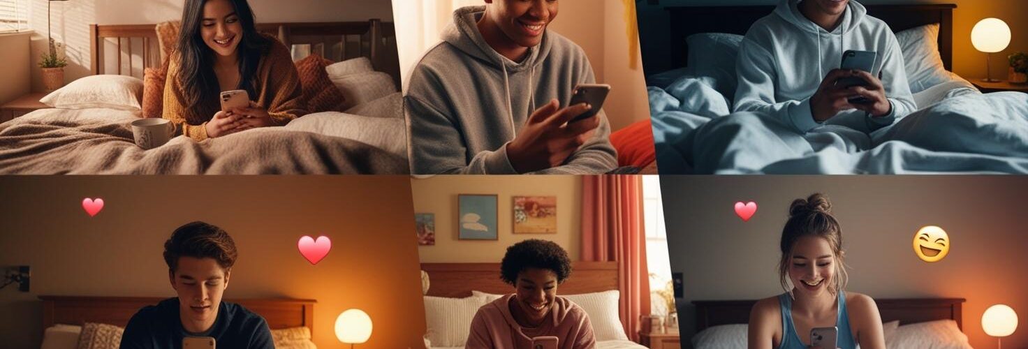 Young adults texting in bed in different rooms implies intimate messaging image for webinar