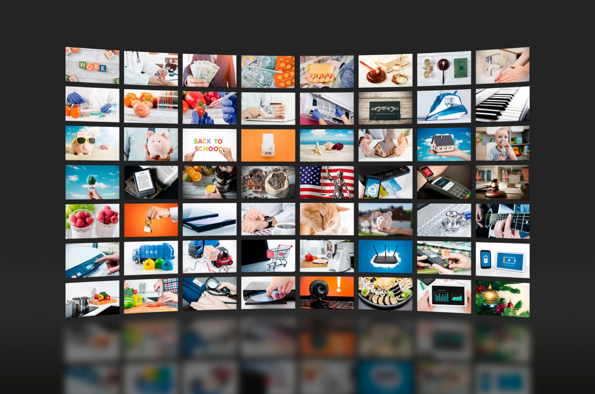 A large grid of small video screens, each displaying a different image or scene.