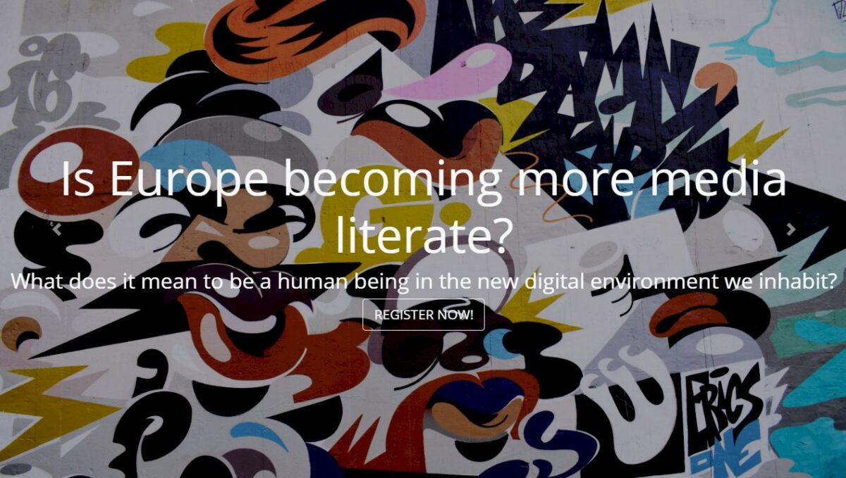 Graffiti background with text: Is Europe becoming more media literate? What does it mean to be a human being in the new