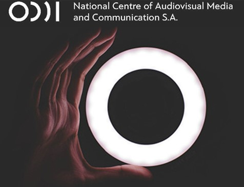 Logo of National Centre of Audiovisual Media and Communication S.A. with a hand holding a glowing ring.