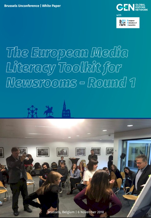 Cover of the White Paper: The European Media Literacy Toolkit for Newsrooms - Round 1, with a photo of a workshop