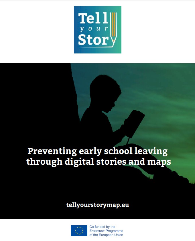 Tell Your Story logo above a silhouette of a child reading, with text: Preventing early school leaving through digital