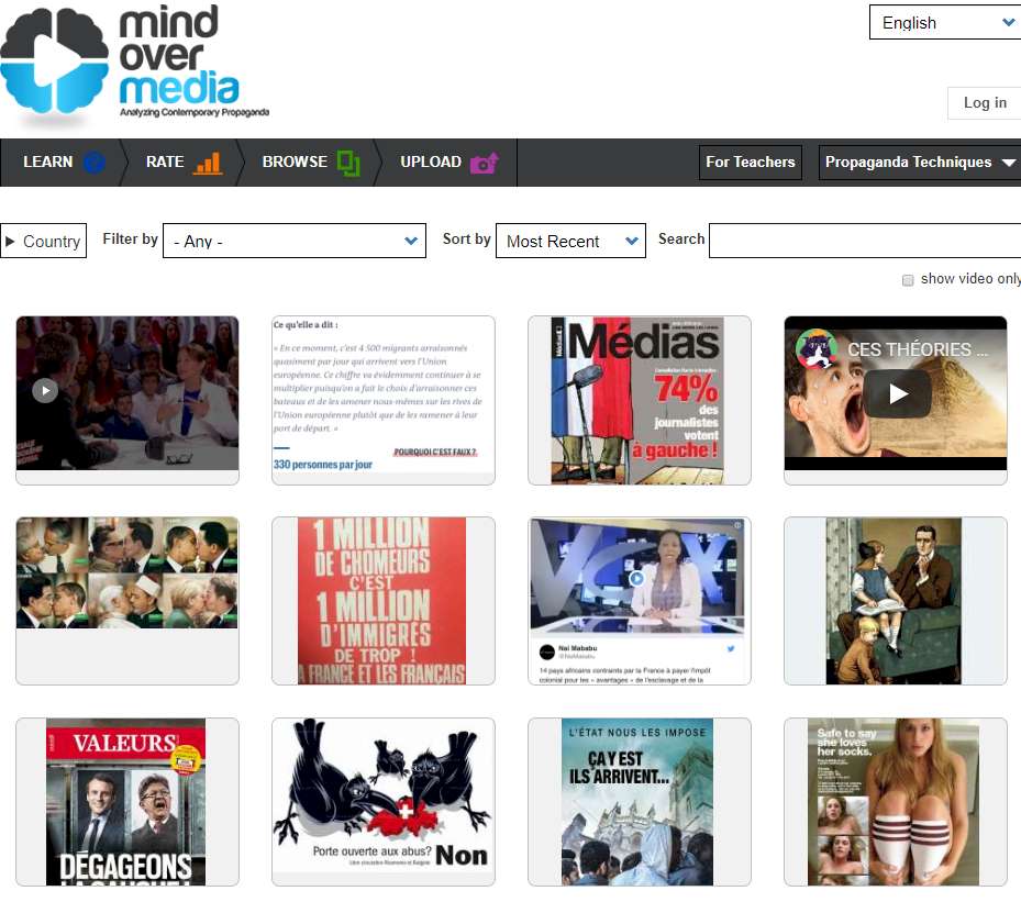 Screenshot of the Mind over Media website showing a grid of videos and articles, with navigation menus.