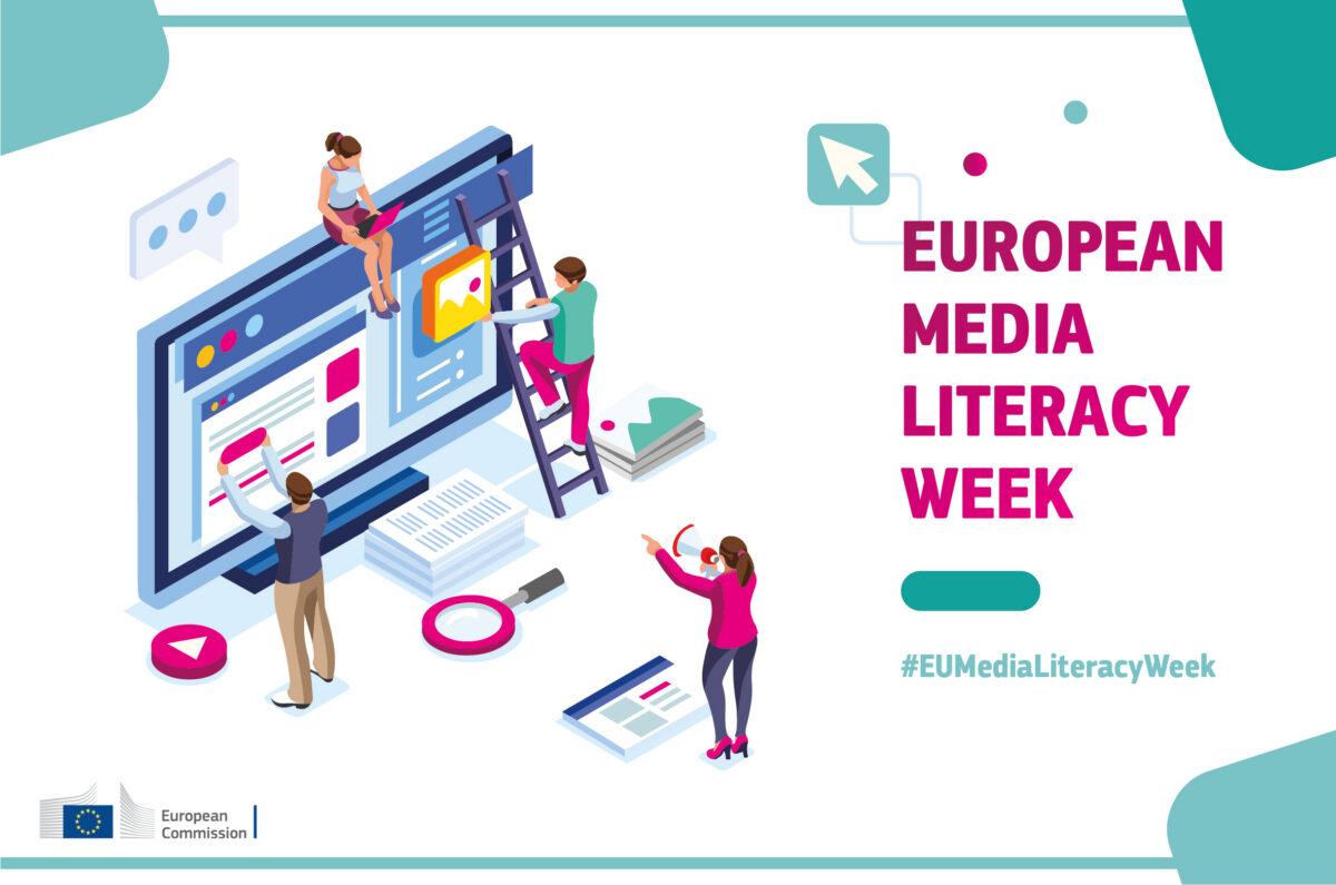 Illustration of people interacting with a large computer screen, with text: European Media Literacy Week
