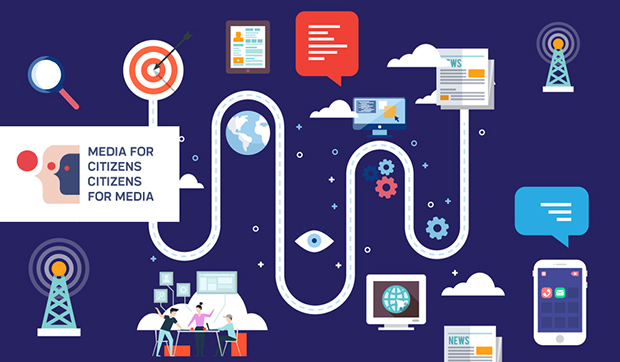 Infographic showing a path connecting various media and communication elements, with text 'MEDIA FOR CITIZENS CITIZENS FOR