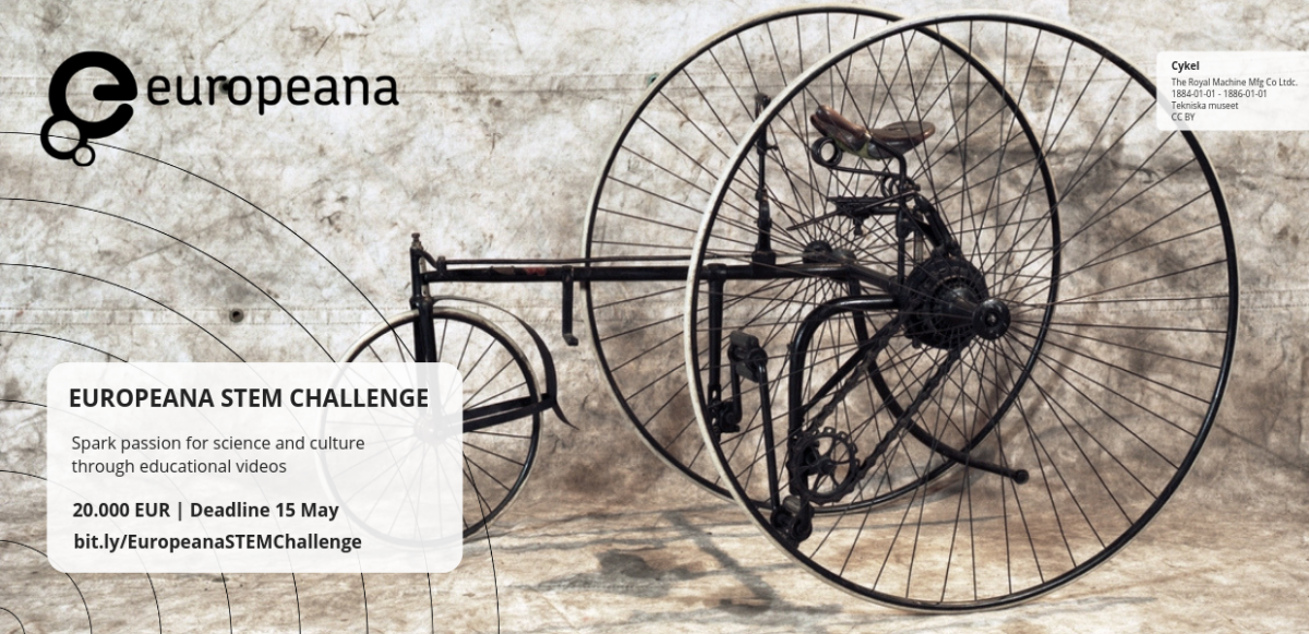 Europeana STEM Challenge banner with a vintage tricycle and text about the video challenge