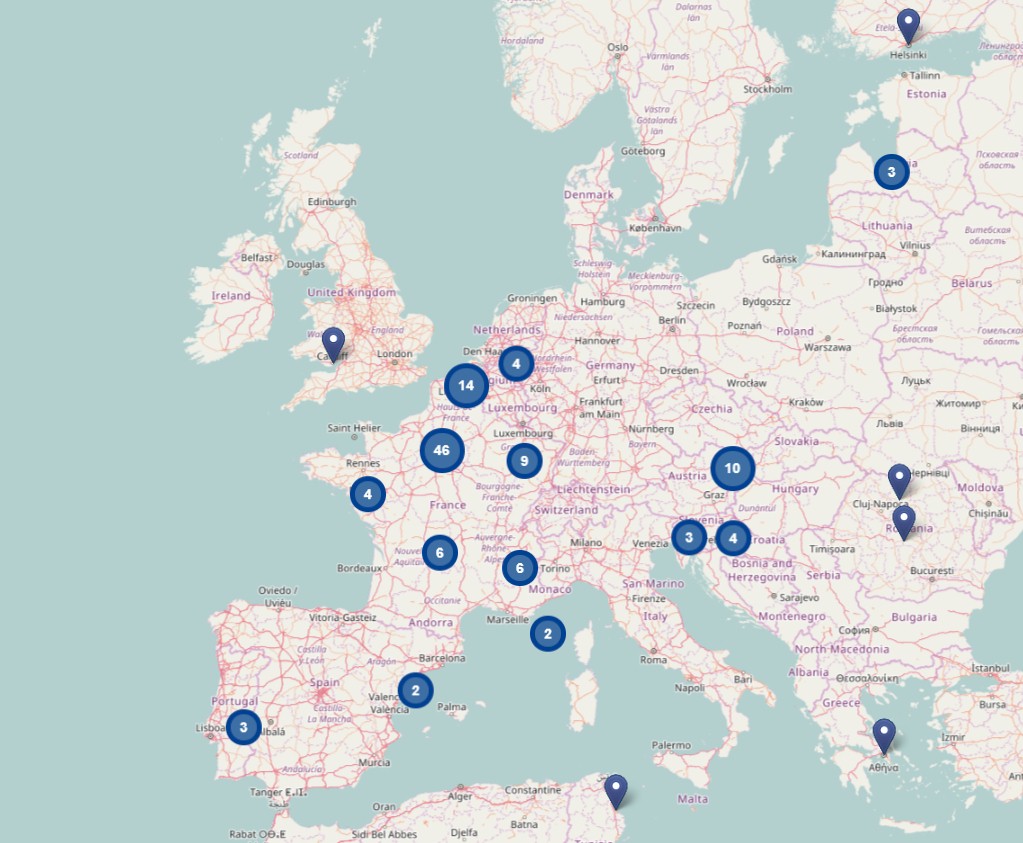 Map of Europe with blue markers indicating locations and numbers for the European Media Literacy Week.
