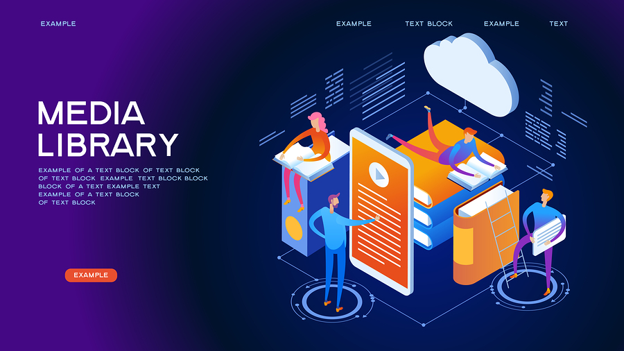 Isometric illustration of people interacting with a digital media library, books, and a cloud.