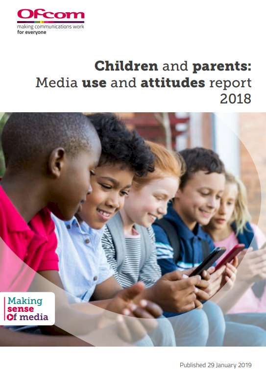 Ofcom report cover: Children and parents: Media use and attitudes report 2018. Five children looking at phones.