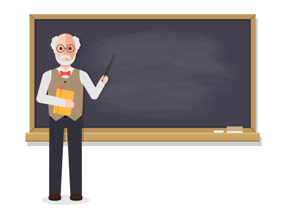 Cartoon illustration of an old male teacher with a pointer and book in front of a blackboard.