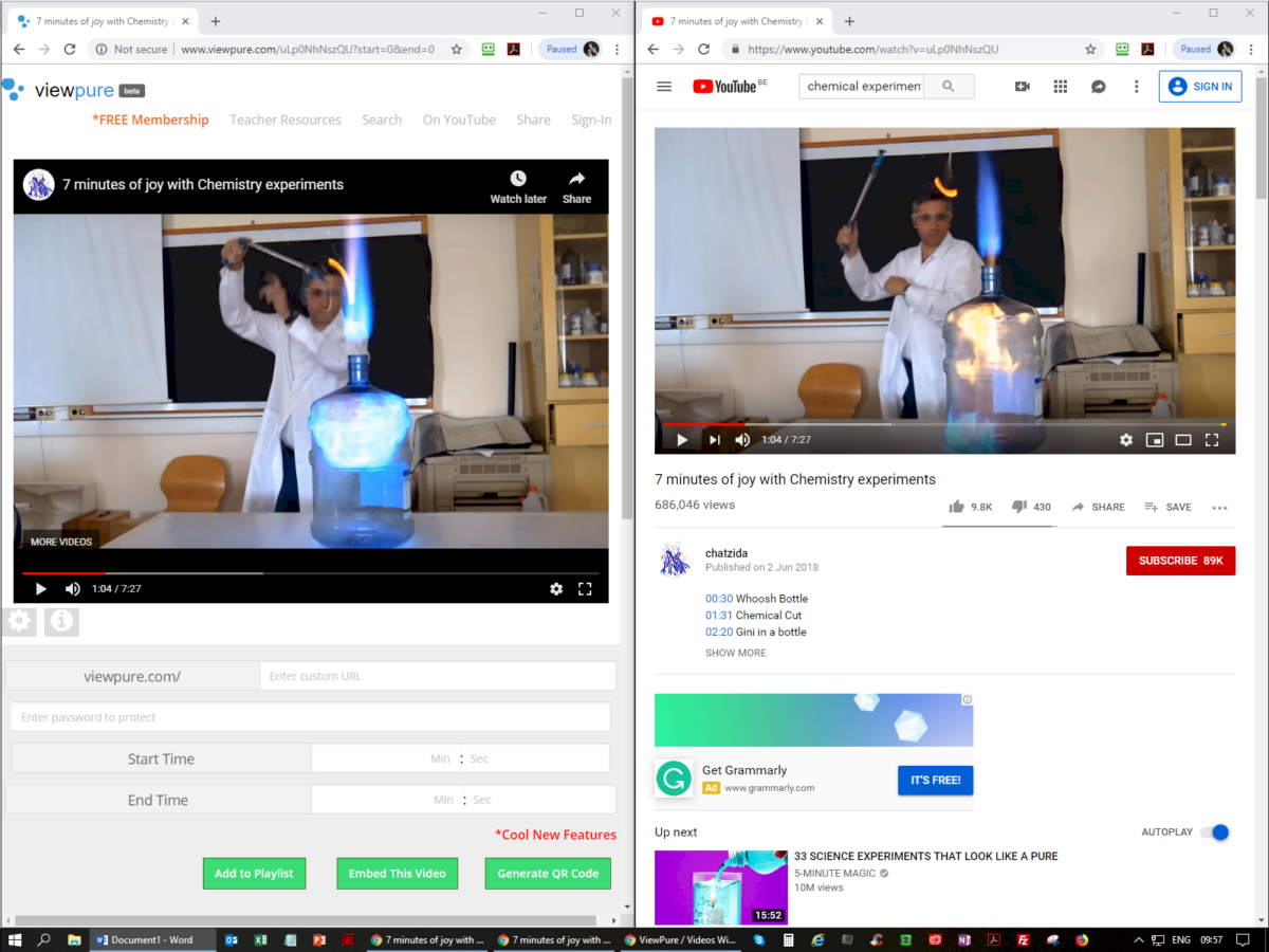 Screenshot of a YouTube video and a ViewPure interface, showing a chemistry experiment with fire.