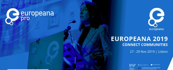 Europeana 2019 Connect Communities conference banner with a speaker at a podium and event details.