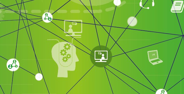 Green background with a network of lines connecting icons representing learning, communication, and technology.