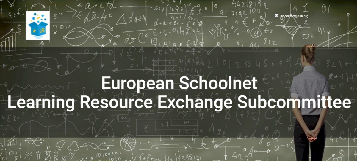 European Schoolnet Learning Resource Exchange Subcommittee banner with a woman looking at a blackboard full of equations