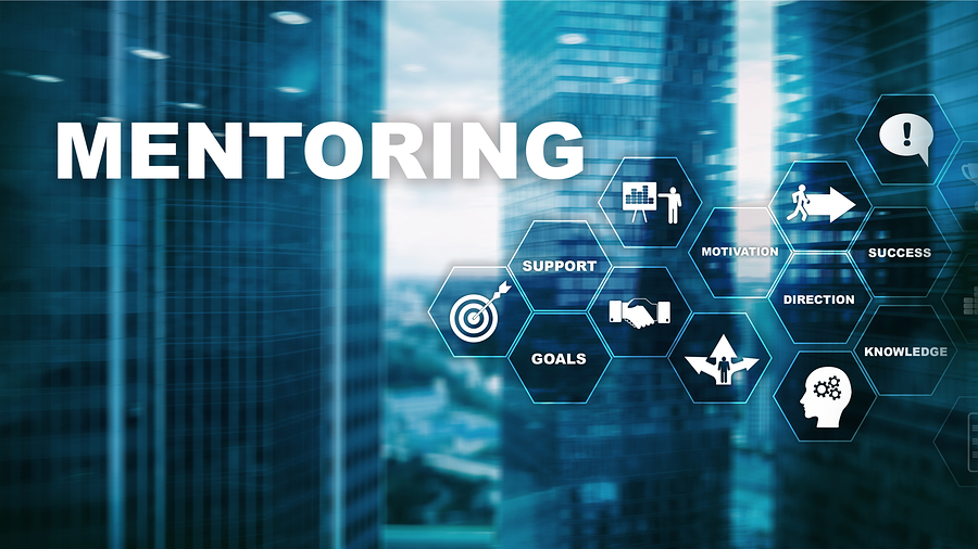 The word MENTORING over a blurred city background, with hexagonal icons for support, goals, motivation, direction,