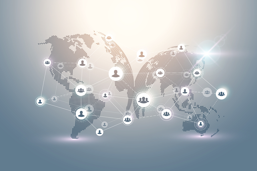 Global map with dotted continents, connected by lines and circles with person icons, representing a network.