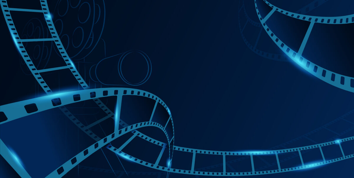 Blue background with glowing film strips and outlines of a film projector and reels.