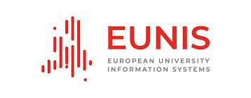 Logo of EUNIS, European University Information Systems, with a red abstract design on the left