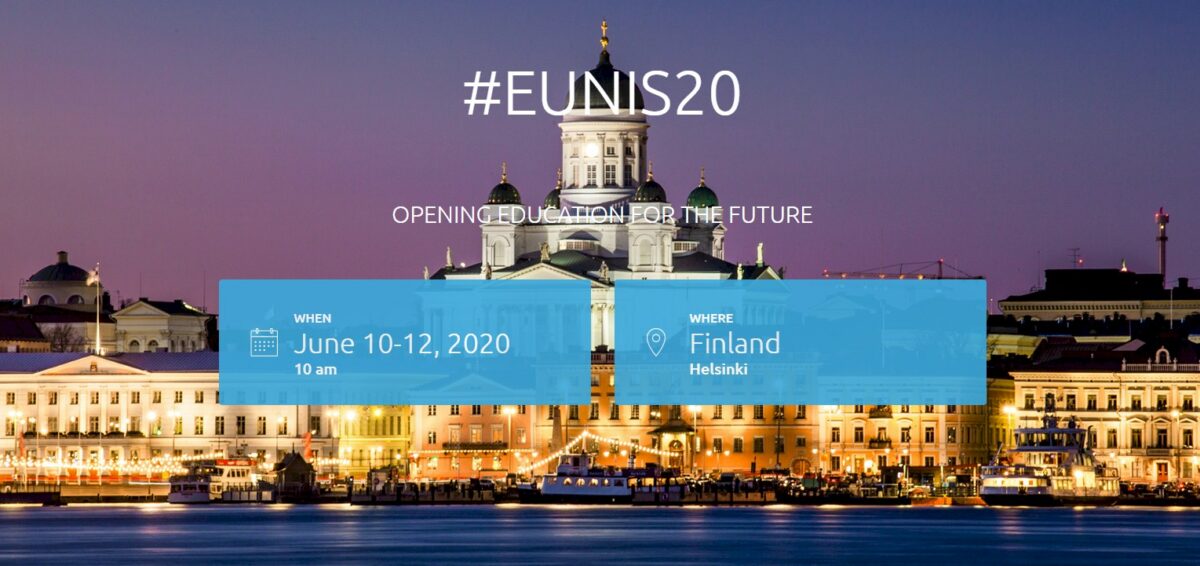 EUNIS20 conference banner with Helsinki cityscape at dusk, showing date June 10-12, 2020 and location Finland, Helsinki