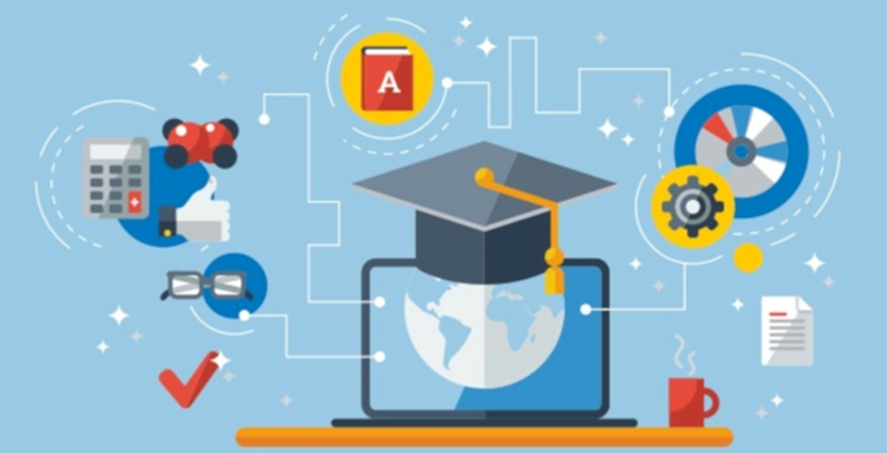 A laptop with a graduation cap on top, surrounded by icons representing learning tools and concepts.