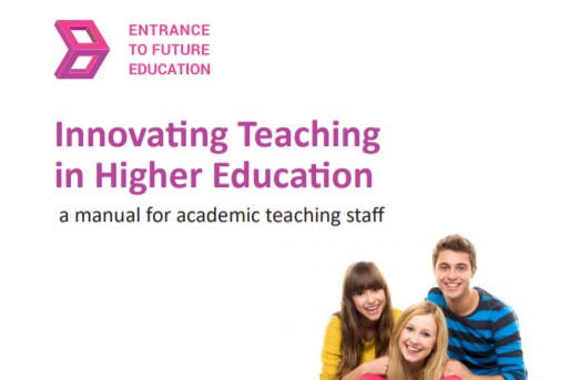 Cover of a handbook titled "Innovating Teaching in Higher Education" with a logo and three smiling students