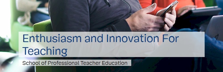 A person holding a smartphone, with the text "Enthusiasm and Innovation For Teaching" and "School of Professional Teacher