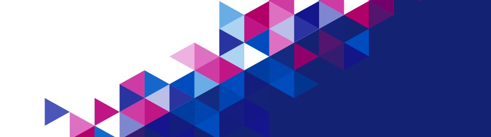 Abstract background with a diagonal line separating white from dark blue, with pink and blue triangles