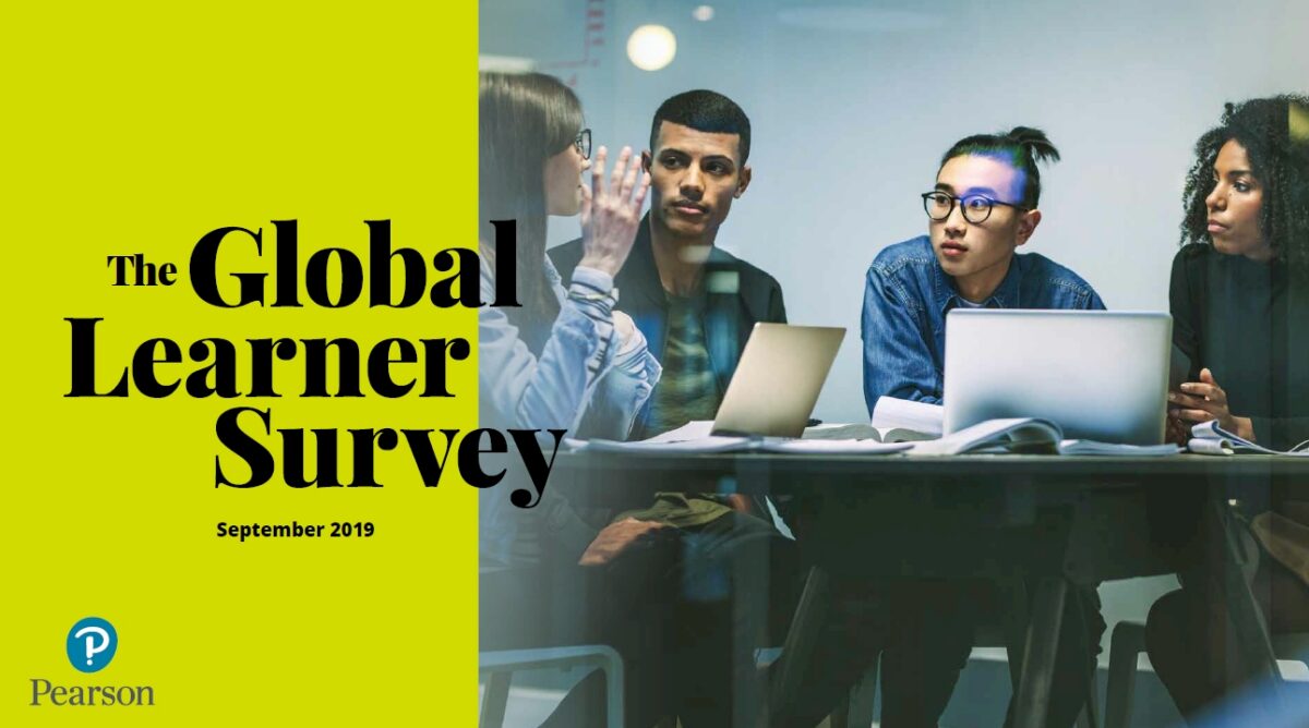 The Global Learner Survey September 2019 by Pearson. Four young adults sit around a table with laptops.