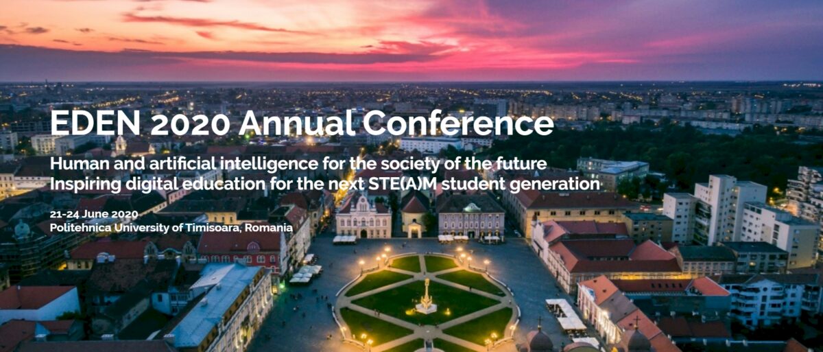 EDEN 2020 Annual Conference banner with text: Human and artificial intelligence for the society of the future, Inspiring