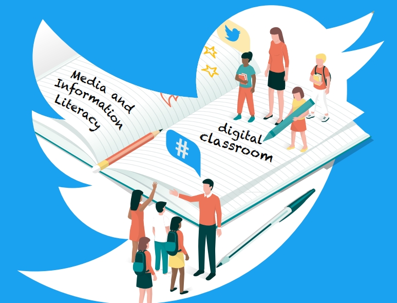 Stylised Twitter bird logo as an open notebook with people, pencils, and text: Media and Information Literacy, digital