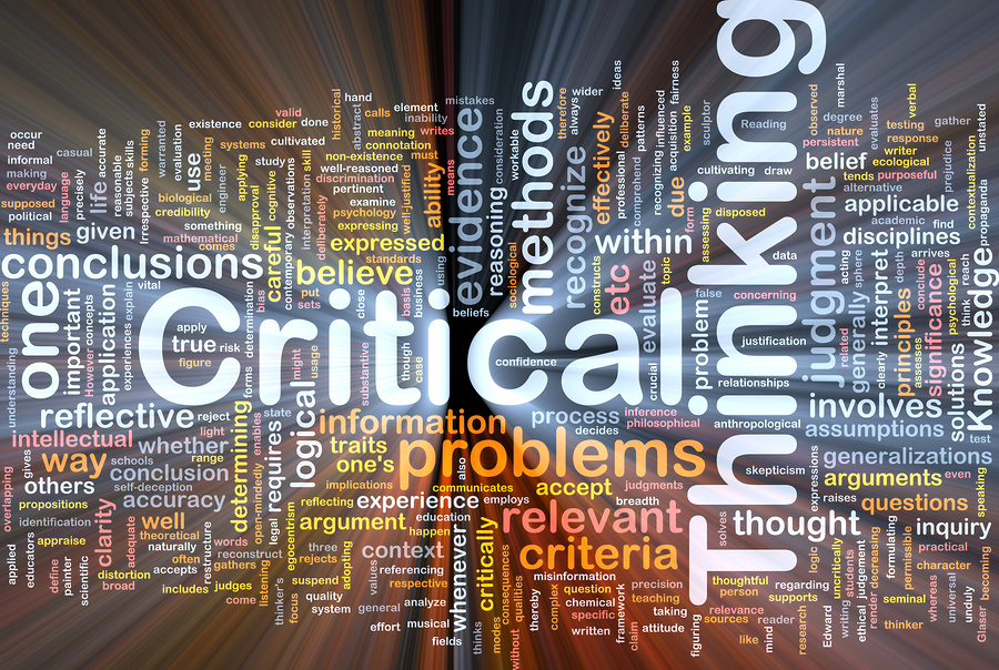 Word cloud with 'Critical Thinking' in large white letters, surrounded by related terms.