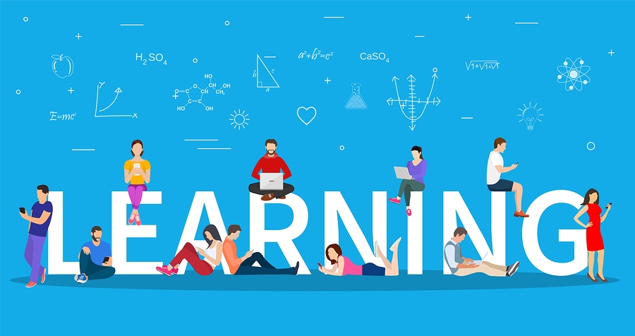 People using mobile devices and laptops, sitting on and around the word LEARNING, with science symbols