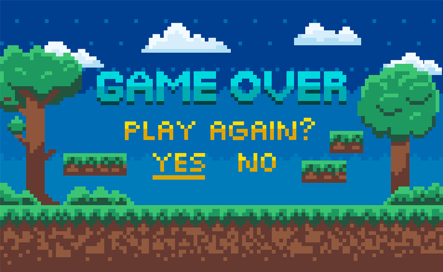 Pixel art game over screen with text: GAME OVER, PLAY AGAIN? YES NO (YES is underlined).