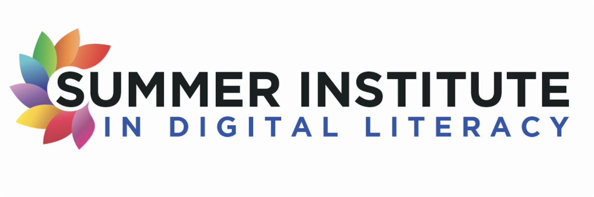 Logo of Summer Institute in Digital Literacy, with a colourful flower graphic and text in black and blue.