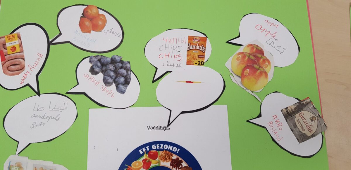 A green poster with cut-out images of food items and speech bubbles with their names in multiple languages.