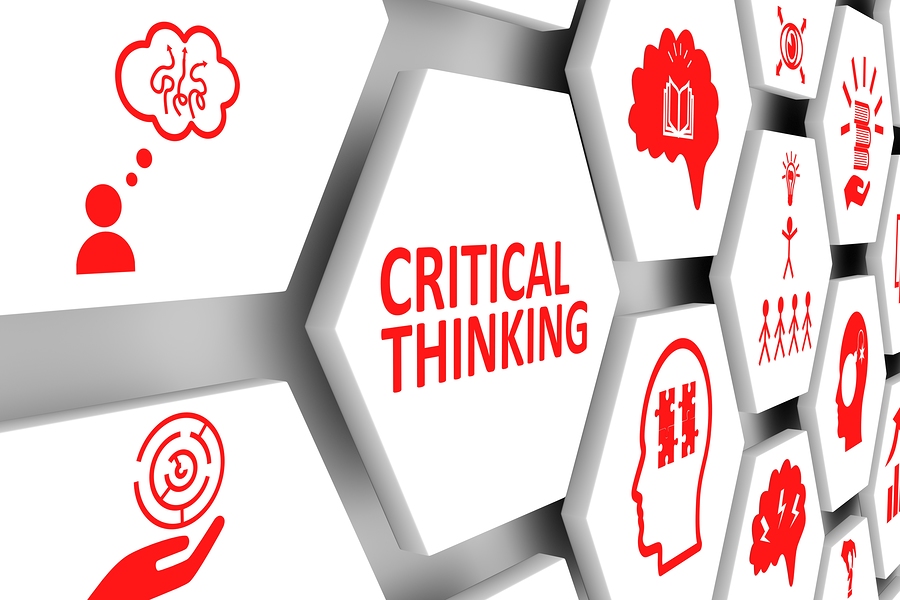 Hexagonal cells with icons and text: a central cell reads CRITICAL THINKING, surrounded by various red icons