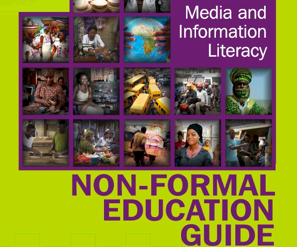 Cover of a guide with a grid of photos of people and activities in Africa, and text: Media and Information Literacy,