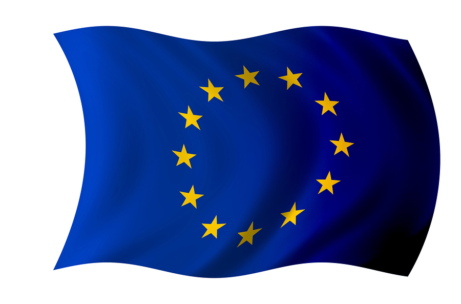 Waving flag of the European Union, dark blue with a circle of twelve yellow stars