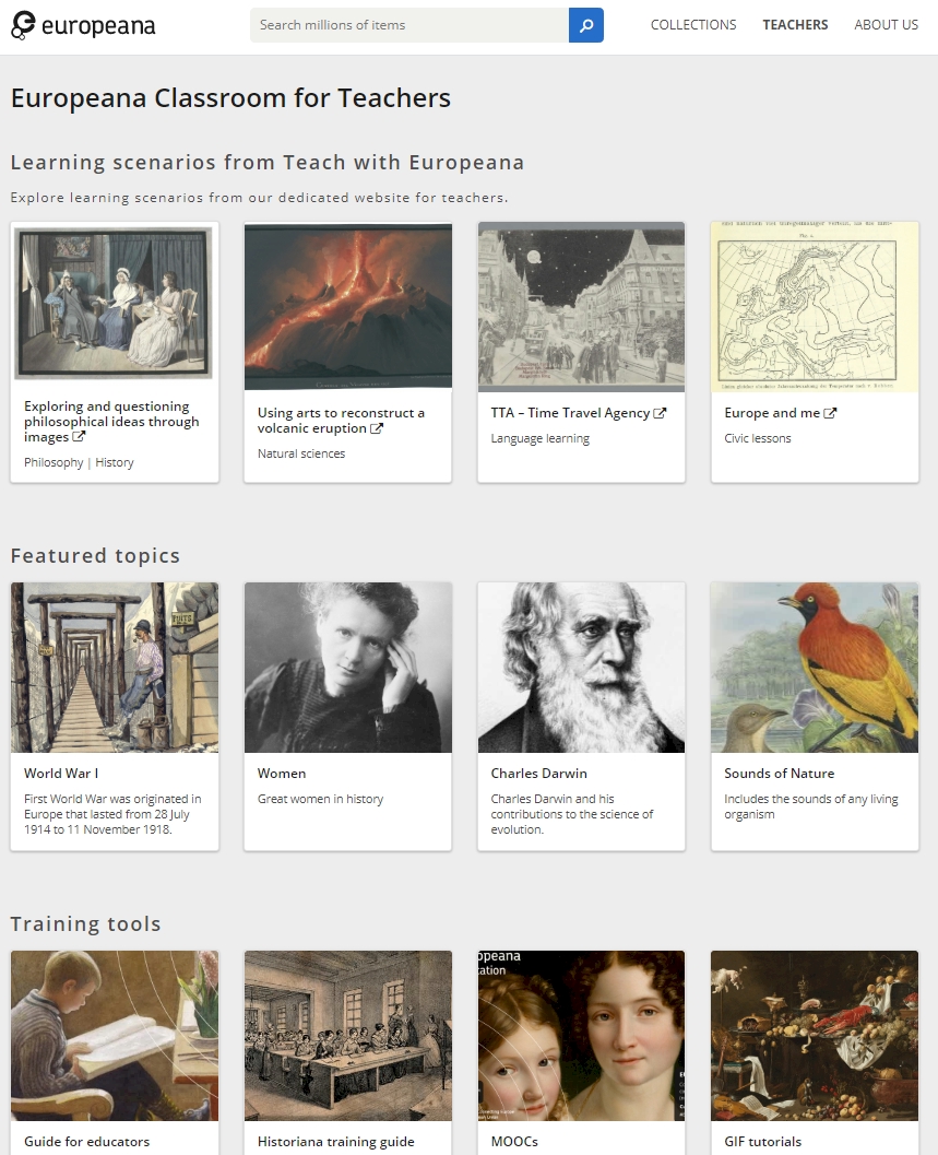 Screenshot of the Europeana Classroom for Teachers website, showing learning scenarios, topics, and training tools.