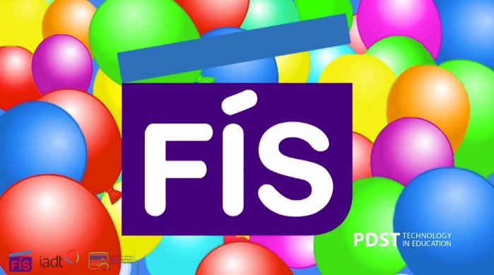 FÍS logo in white text on a purple rectangle, with a blue filmstrip icon above, surrounded by colourful balloons.