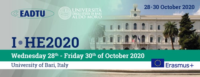 Banner for I-HE2020 conference, 28-30 October 2020, University of Bari, Italy, with EADTU and Erasmus+ logos.