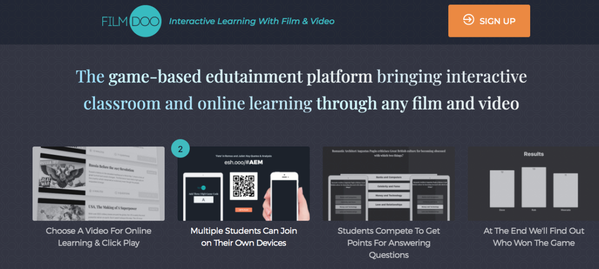 Screenshot of the Filmdoo website, showing how the game-based edutainment platform works.