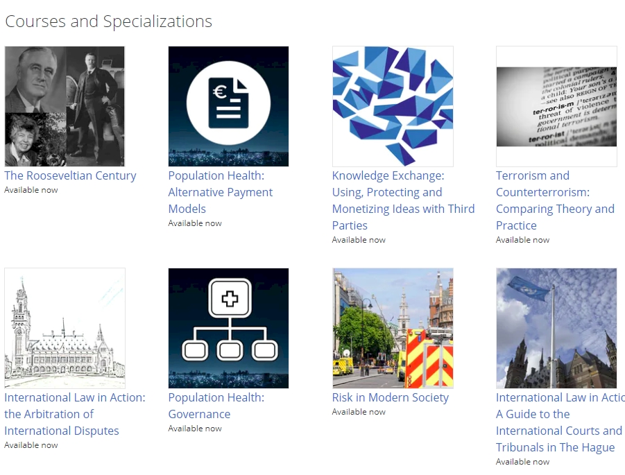 Screenshot of the Leiden University MOOCs website showing eight course tiles, including The Rooseveltian Century