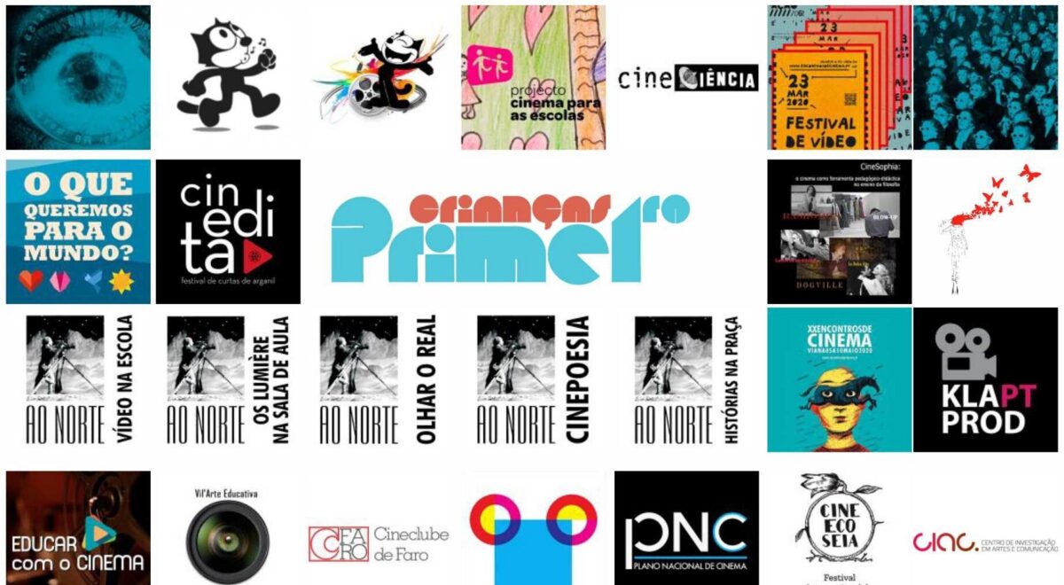 A collage of 24 logos and promotional images related to cinema and education, including "Primeiro Plano".