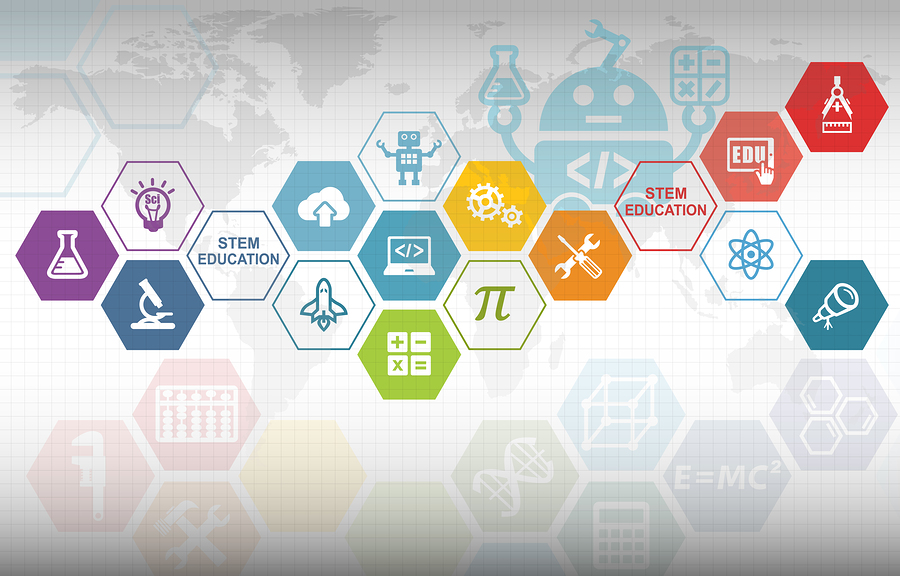 Hexagons with STEM education icons: flask, lightbulb, microscope, cloud, robot, laptop, gears, tools, Pi, calculator, atom,
