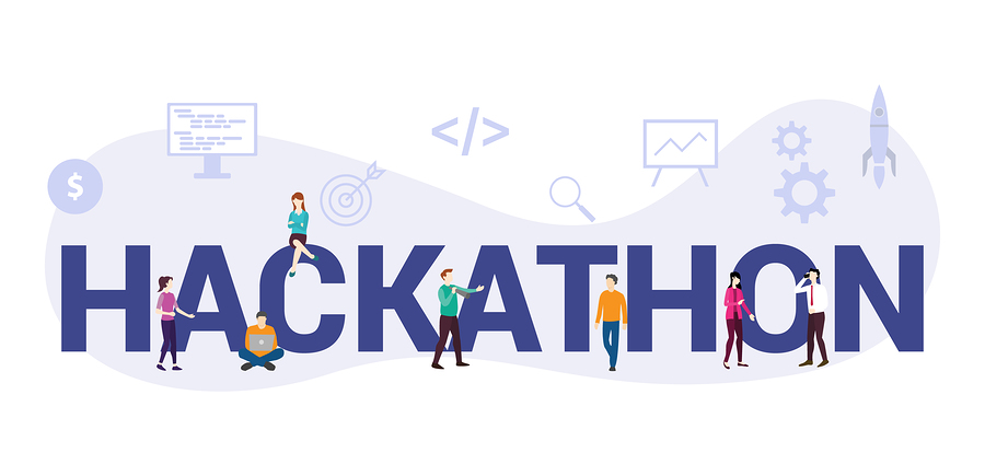 Illustration of people interacting with large letters spelling HACKATHON, surrounded by tech icons.